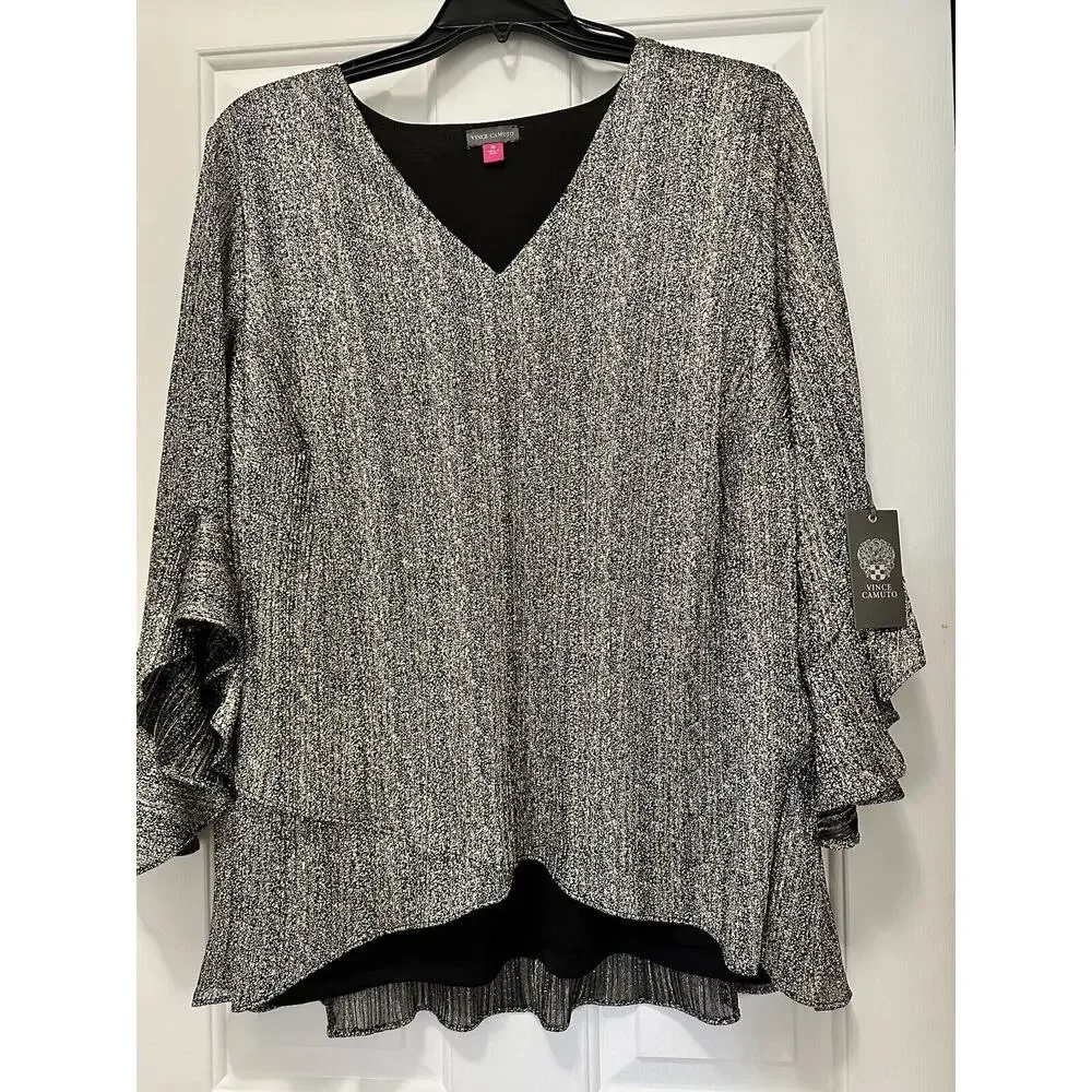 VINCE CAMUTO Plus-Size MetallicStripe FlutterSleeve Blouse 3X Sparkle and shine